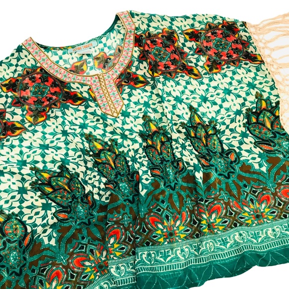 Flying Tomato Green Print Poncho Fringe Sheer Top - Picture 2 of 2